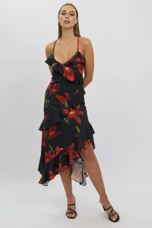 Black Floral Midi Dress Ruffle Detail Copper Glow Sand Step
