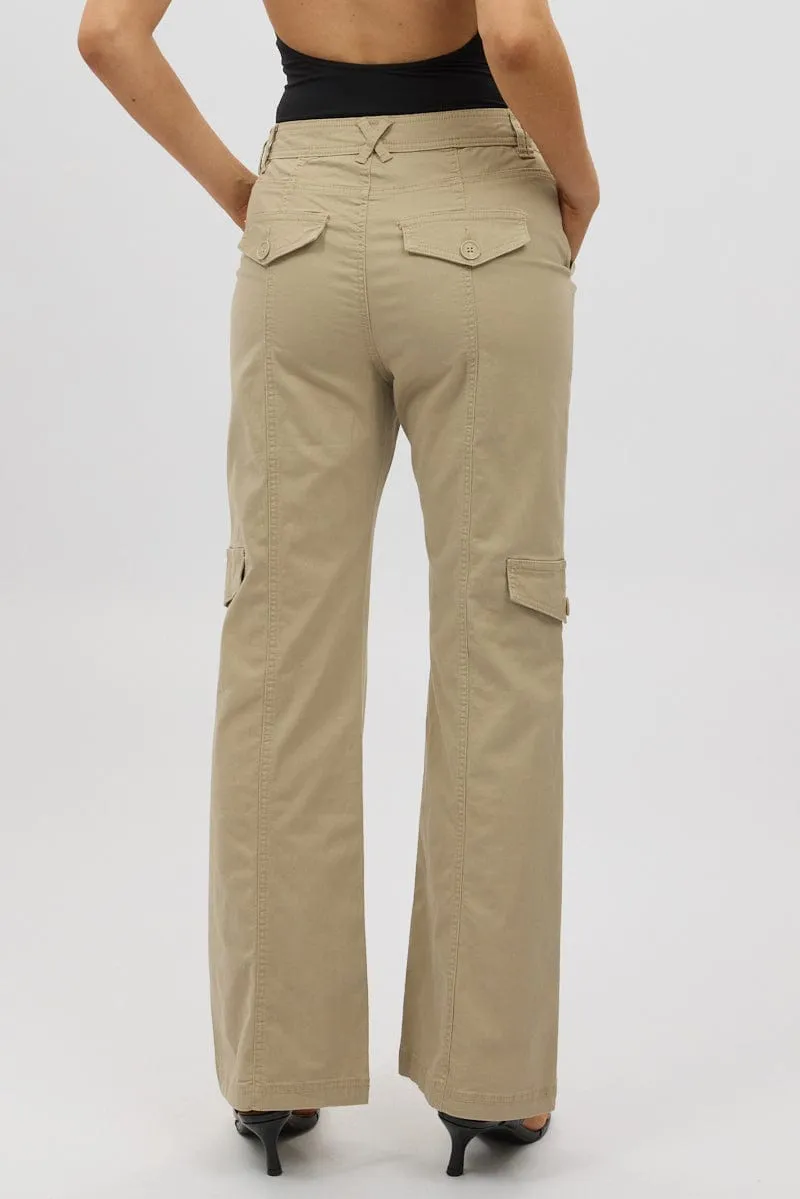 Breathable Wearable ResilientElasticBand Beige Cargo Pants Mid Rise