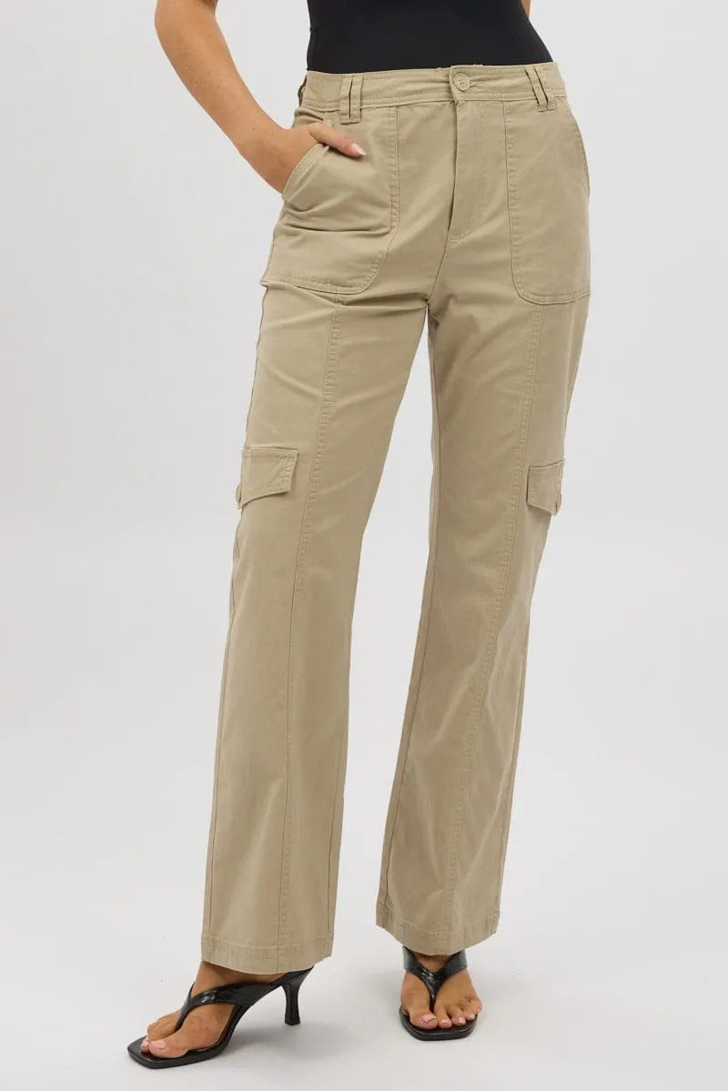 All-day Comfort Layered Panel Design Beige Cargo Pants Mid Rise