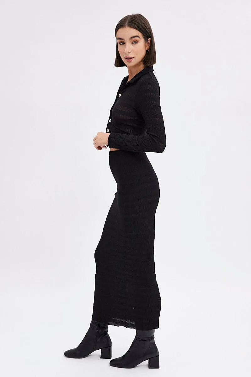 Layered Structure Black Maxi Skirt Bodycon Textured Jersey
