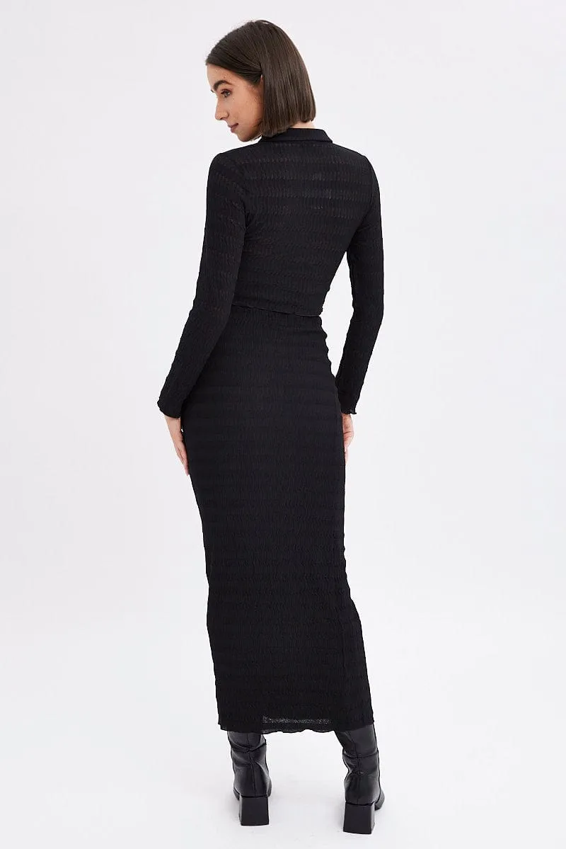 Elasticized Cuff Black Maxi Skirt Bodycon Textured Jersey