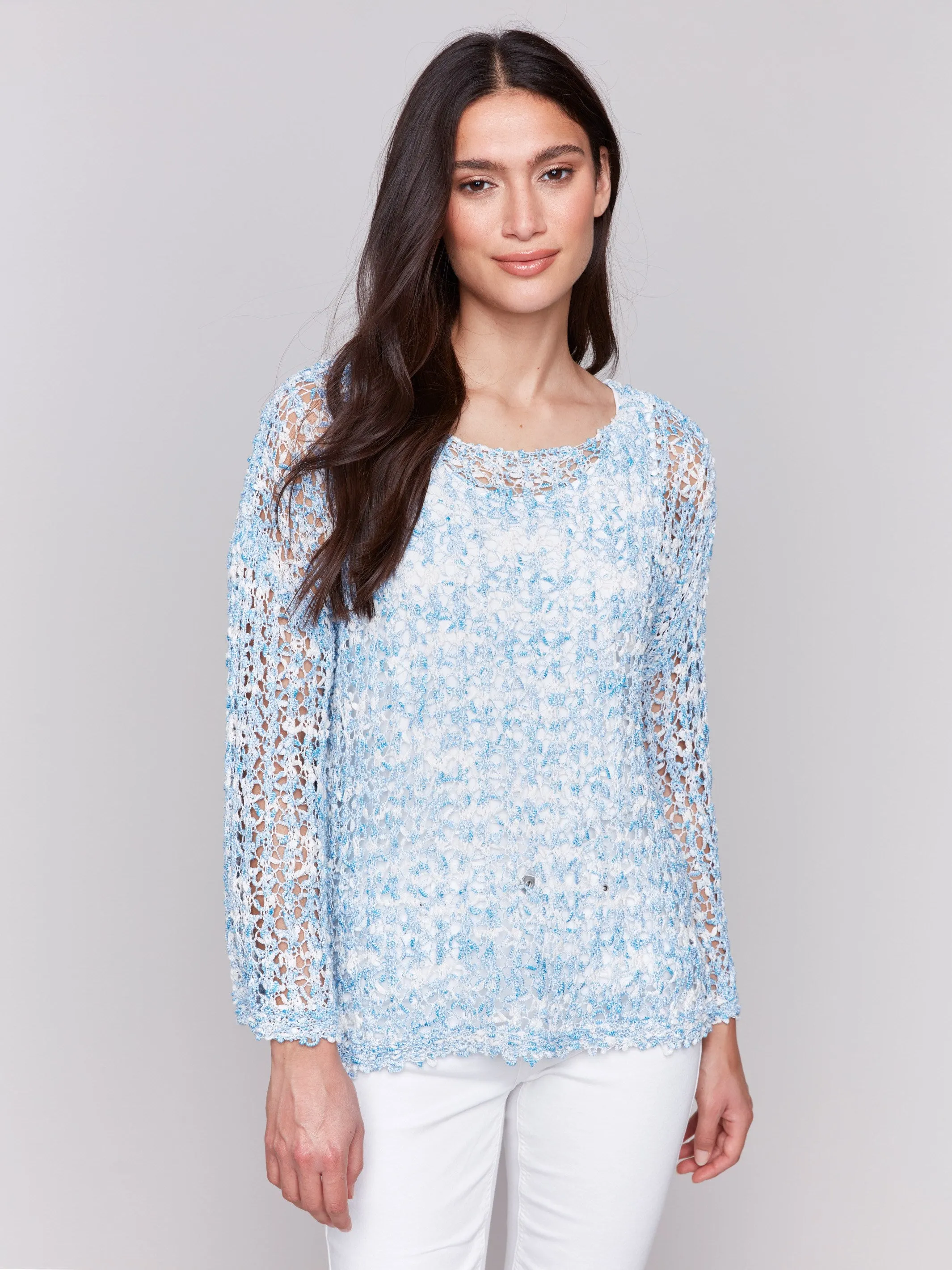 Stylish Knit Look Tape Yarn Sweater - Bluebell