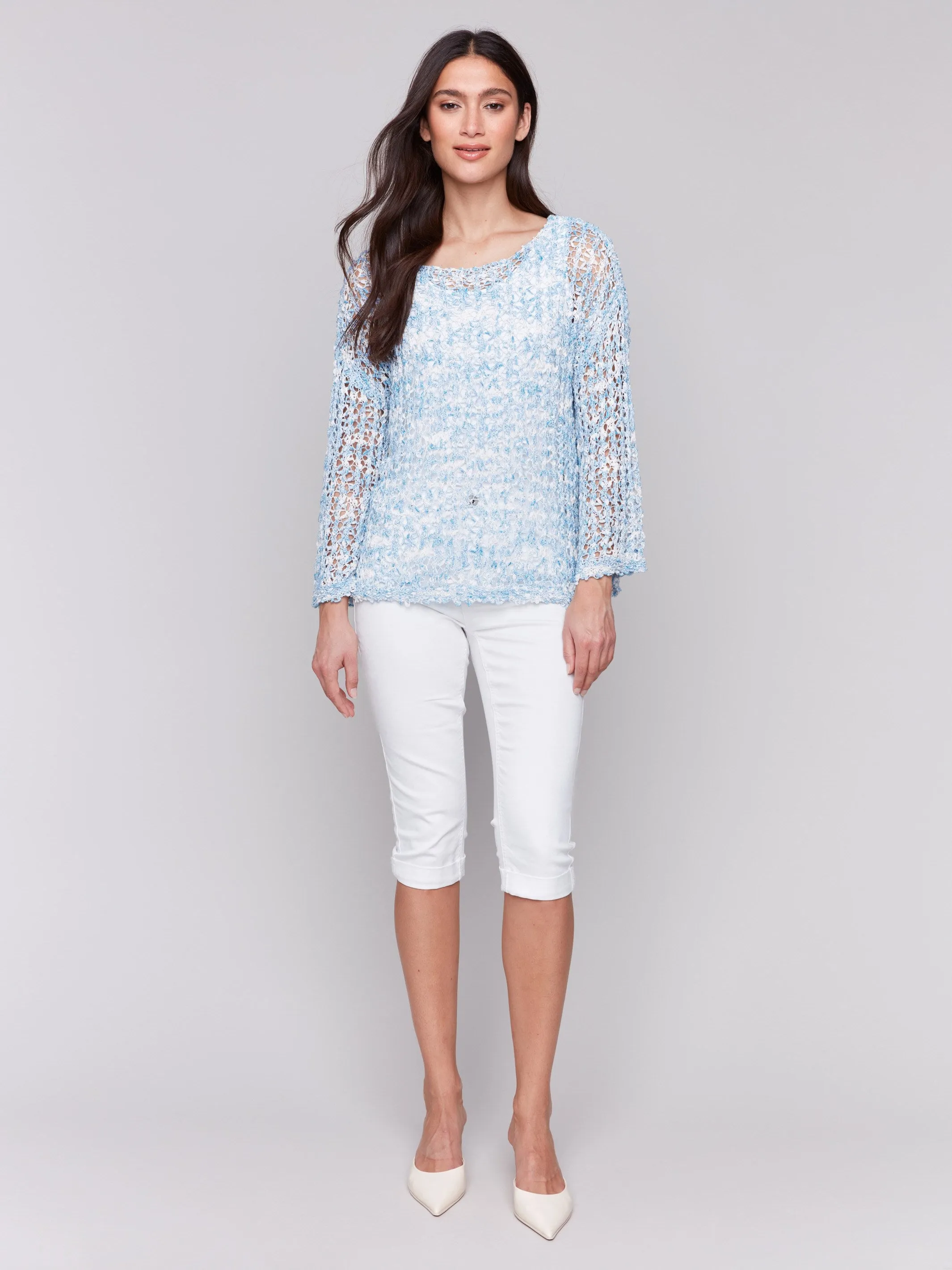 Tactile Grid Knit Stylish Layer Tape Yarn Sweater - Bluebell