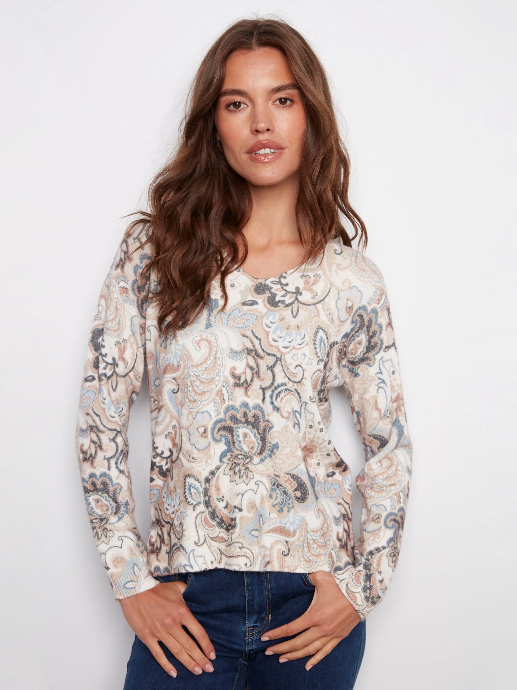 Printed Plush Knit V-Neck Sweater - Holland Thermal Insulation Winter Layers