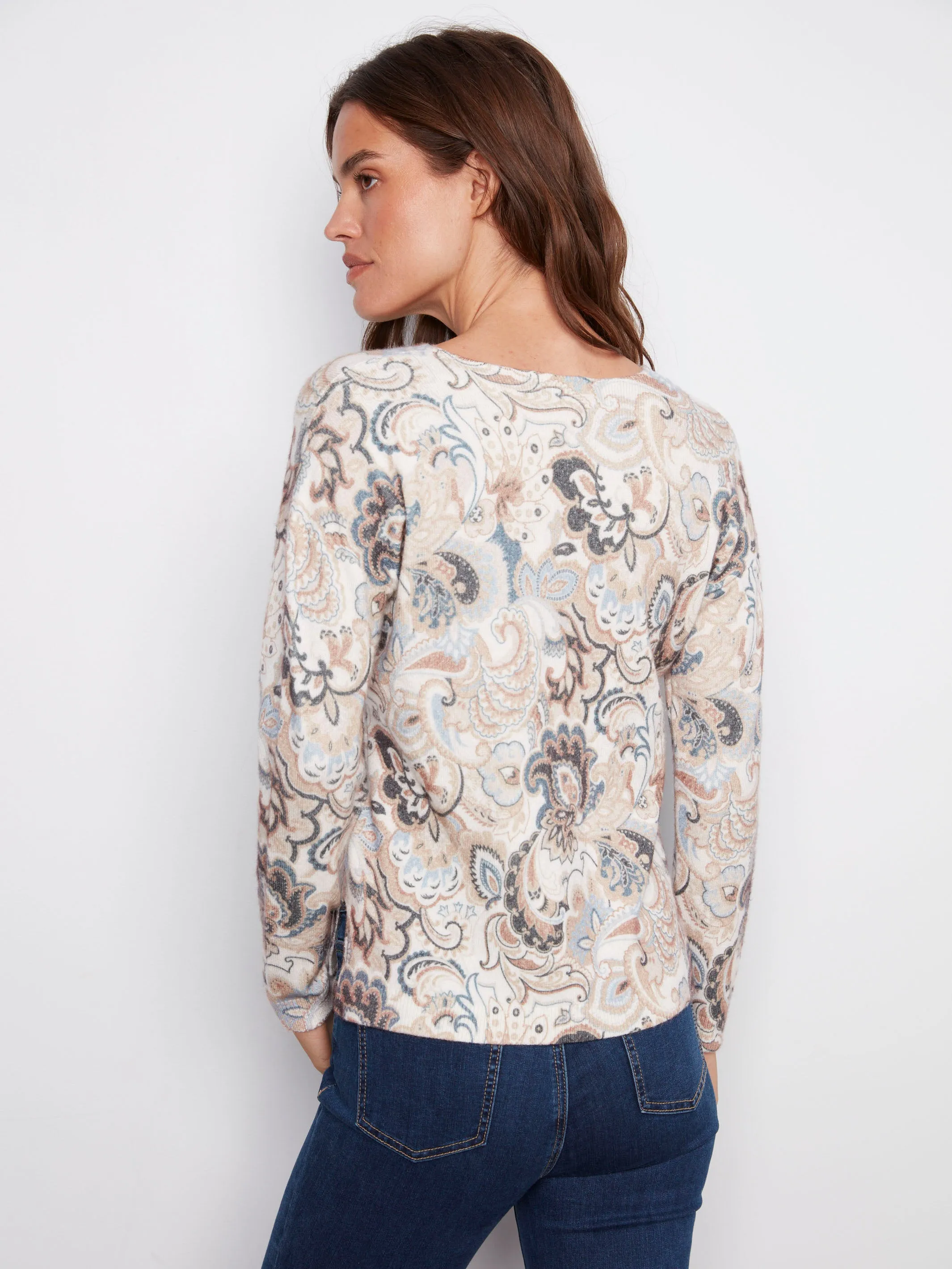 Printed Plush Knit V-Neck Sweater - Holland Cozy Warm Layer Layering Comfort