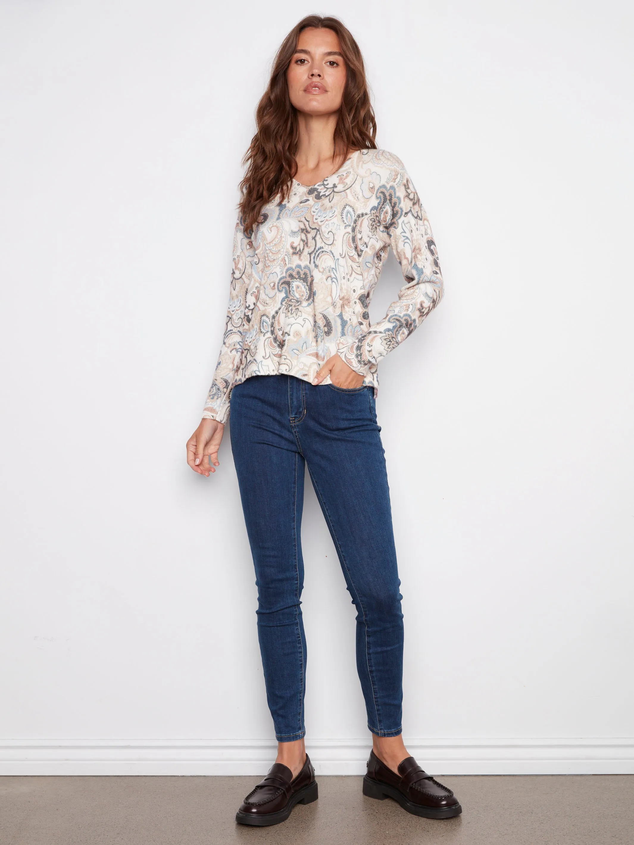 Printed Plush Knit V-Neck Sweater - Holland Classic Winter