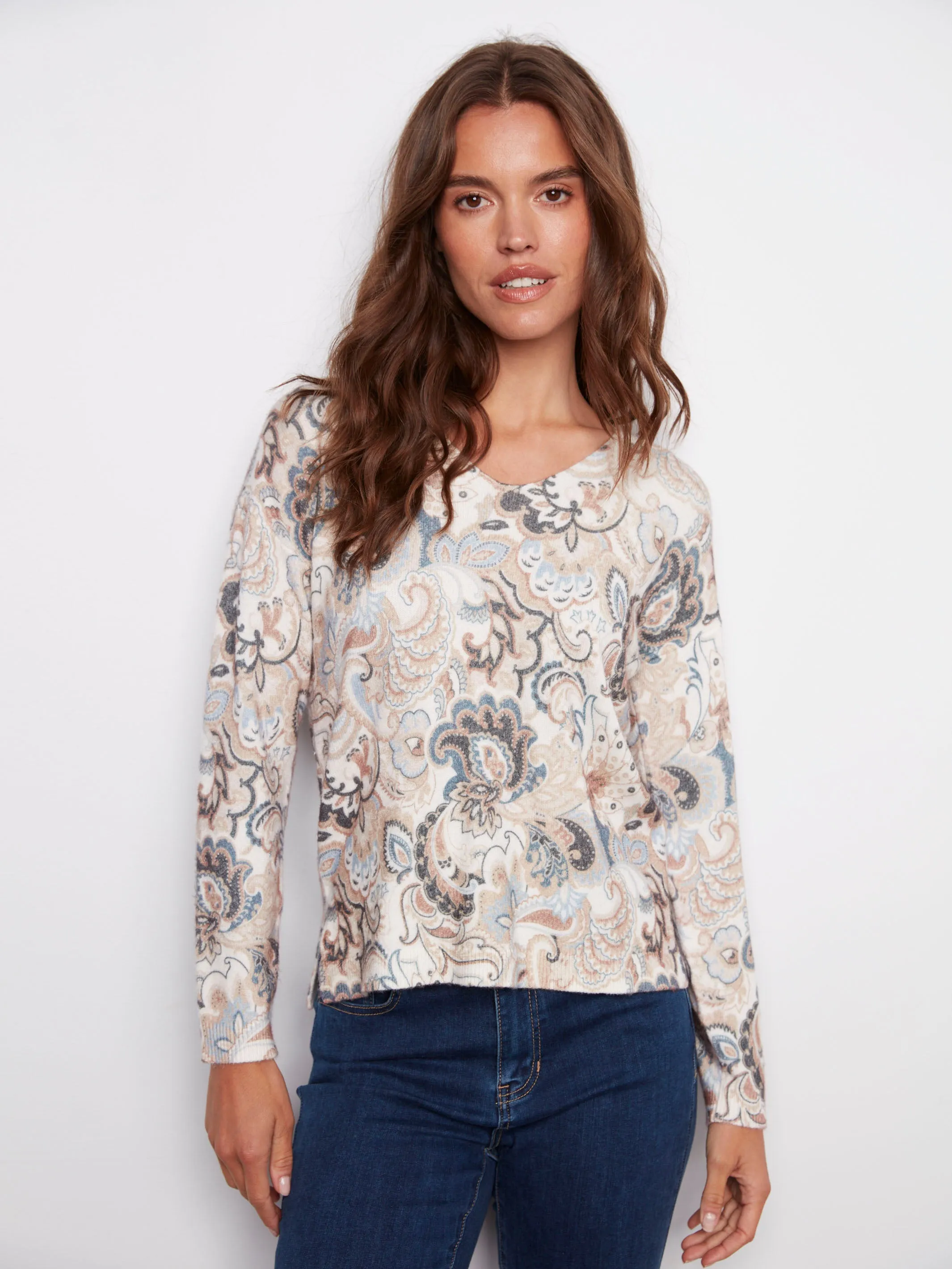 Printed Plush Knit V-Neck Sweater - Holland Seasonal piece