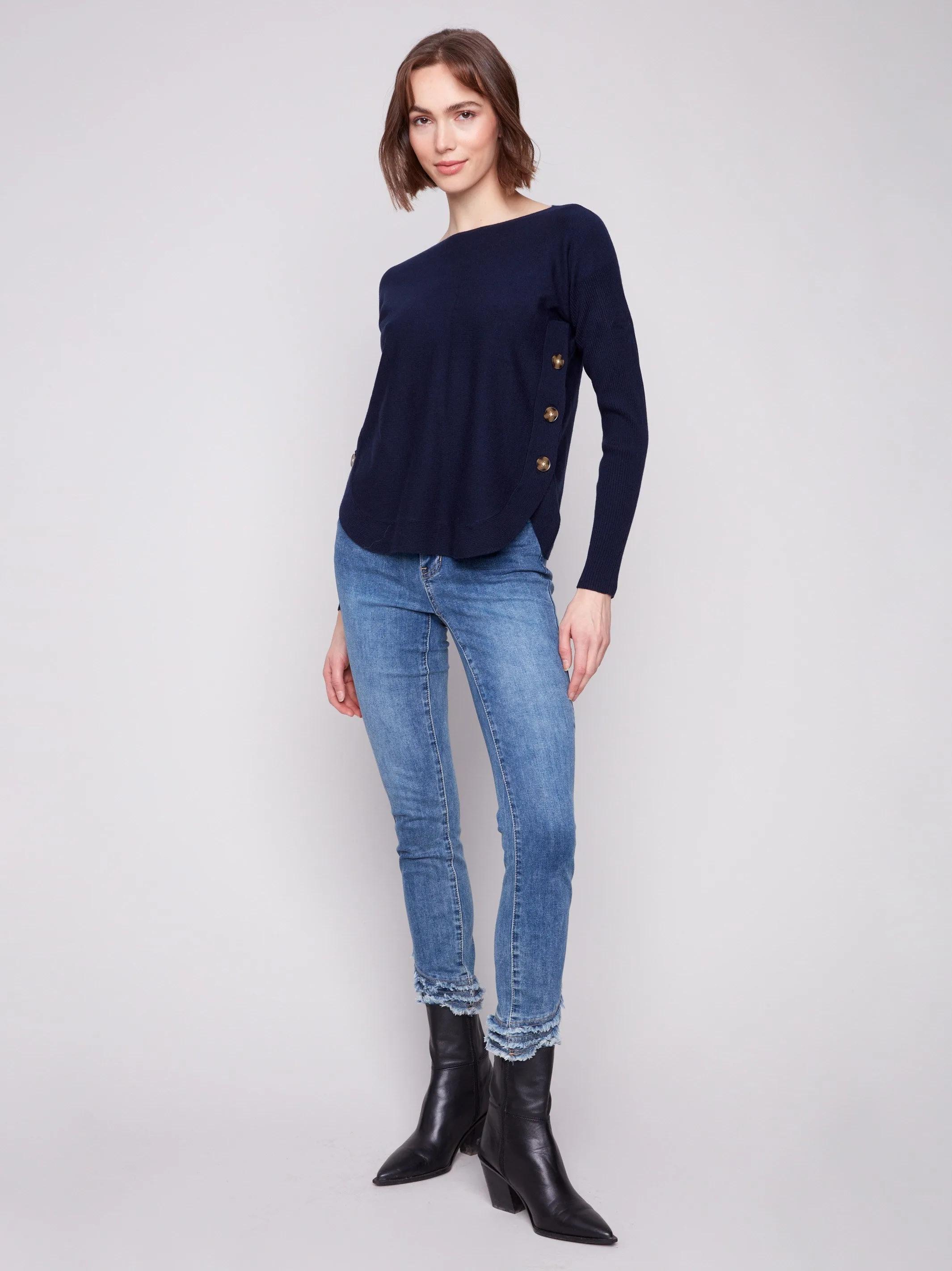 Comfy Knit Layer Effortless Layer Boat Neck Sweater With Side Buttons - Navy