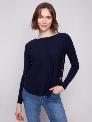Boat Neck Sweater With Side Buttons - Navy Eco Friendly Knitwear Durable Fabric