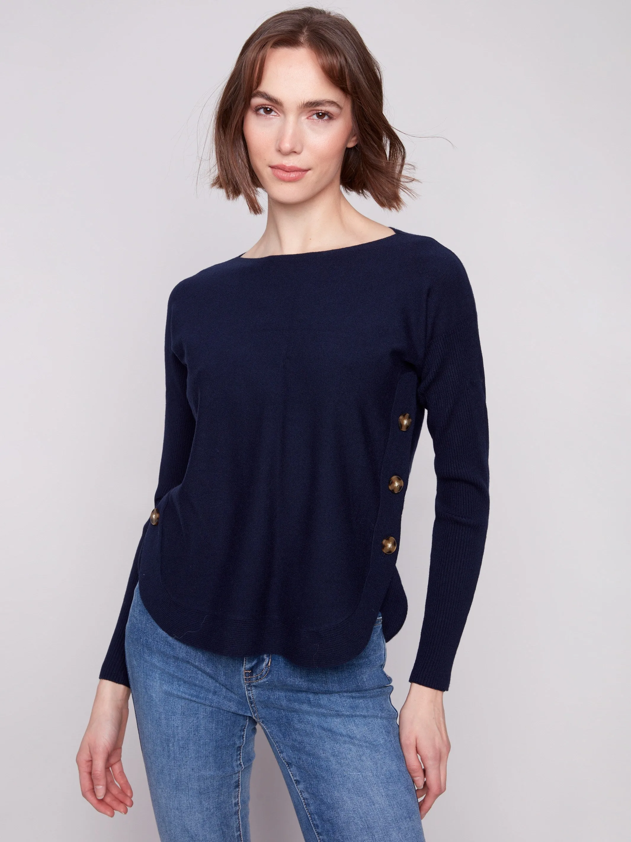 Boat Neck Sweater With Side Buttons - Navy Winter Ready Layer Timeless Design