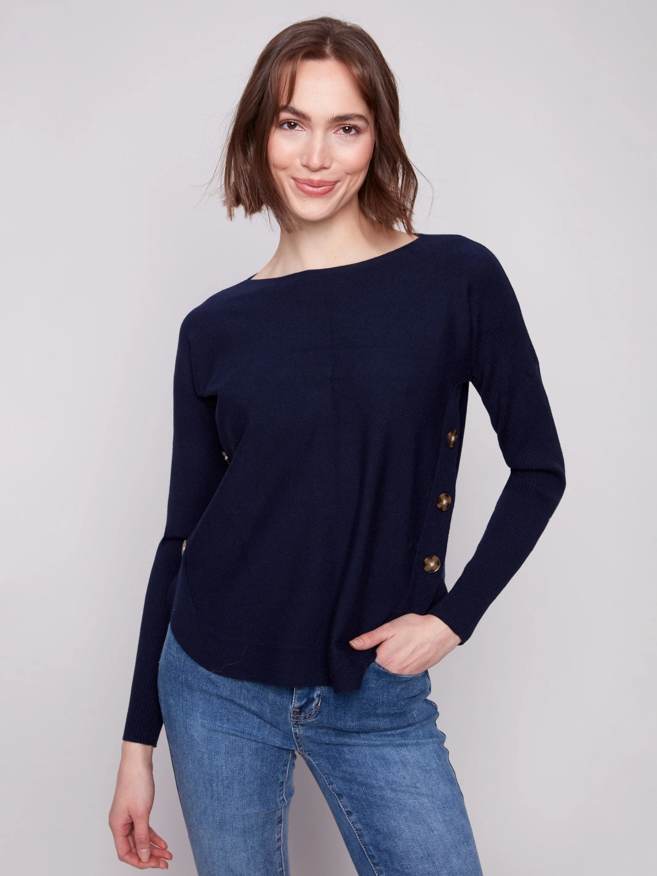 Boat Neck Sweater With Side Buttons - Navy Eco Friendly Knitwear Durable Fabric