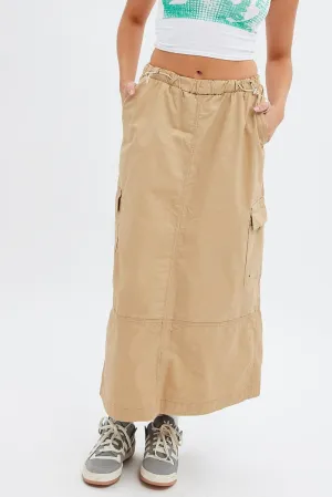 Beige Maxi Skirt Low Rise Cargo Parachute Gathered waist Neutral Wear