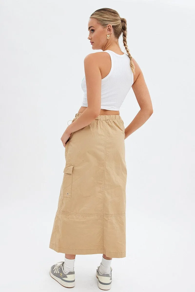 Exclusive Drop Wrinkle Resistant Finish Beige Maxi Skirt Low Rise Cargo Parachute