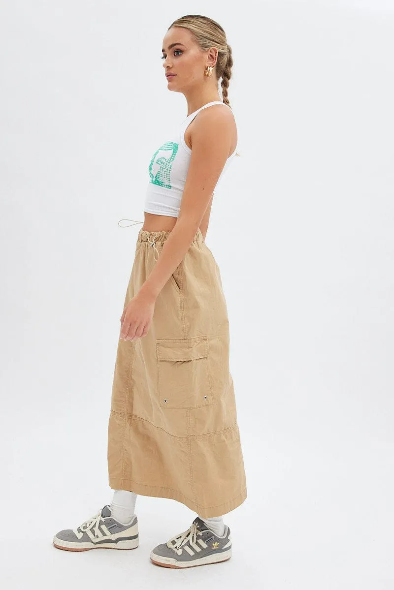 Beige Maxi Skirt Low Rise Cargo Parachute Celebrity Style