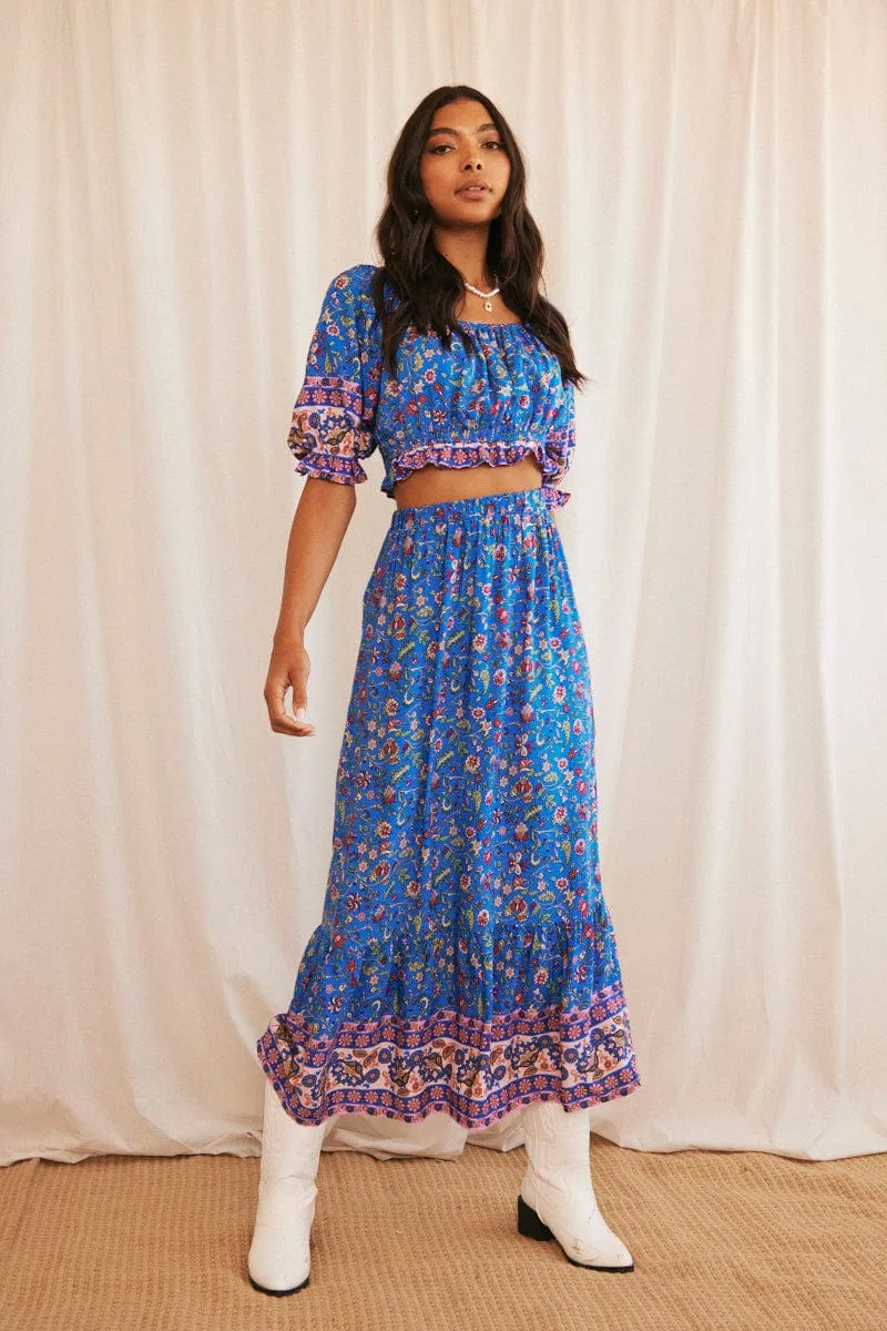 Budget Friendly Plant Based Material Blue Boho Maxi Skirt High Waisted Elastic Band Frill Hem