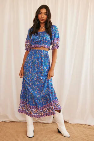 Blue Boho Maxi Skirt High Waisted Elastic Band Frill Hem Vibrant Touch