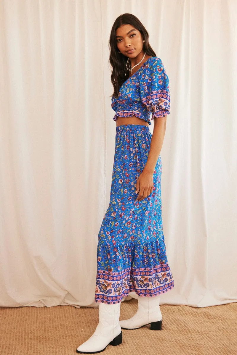 Blue Boho Maxi Skirt High Waisted Elastic Band Frill Hem Minimalist Layering