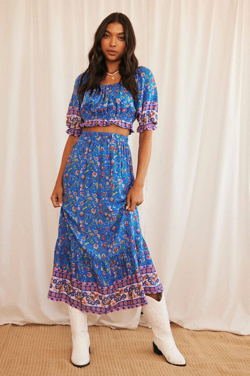 Blue Boho Maxi Skirt High Waisted Elastic Band Frill Hem Vibrant Touch