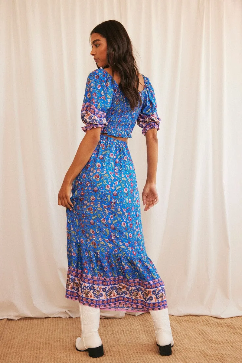 Fresh Detail Blue Boho Maxi Skirt High Waisted Elastic Band Frill Hem