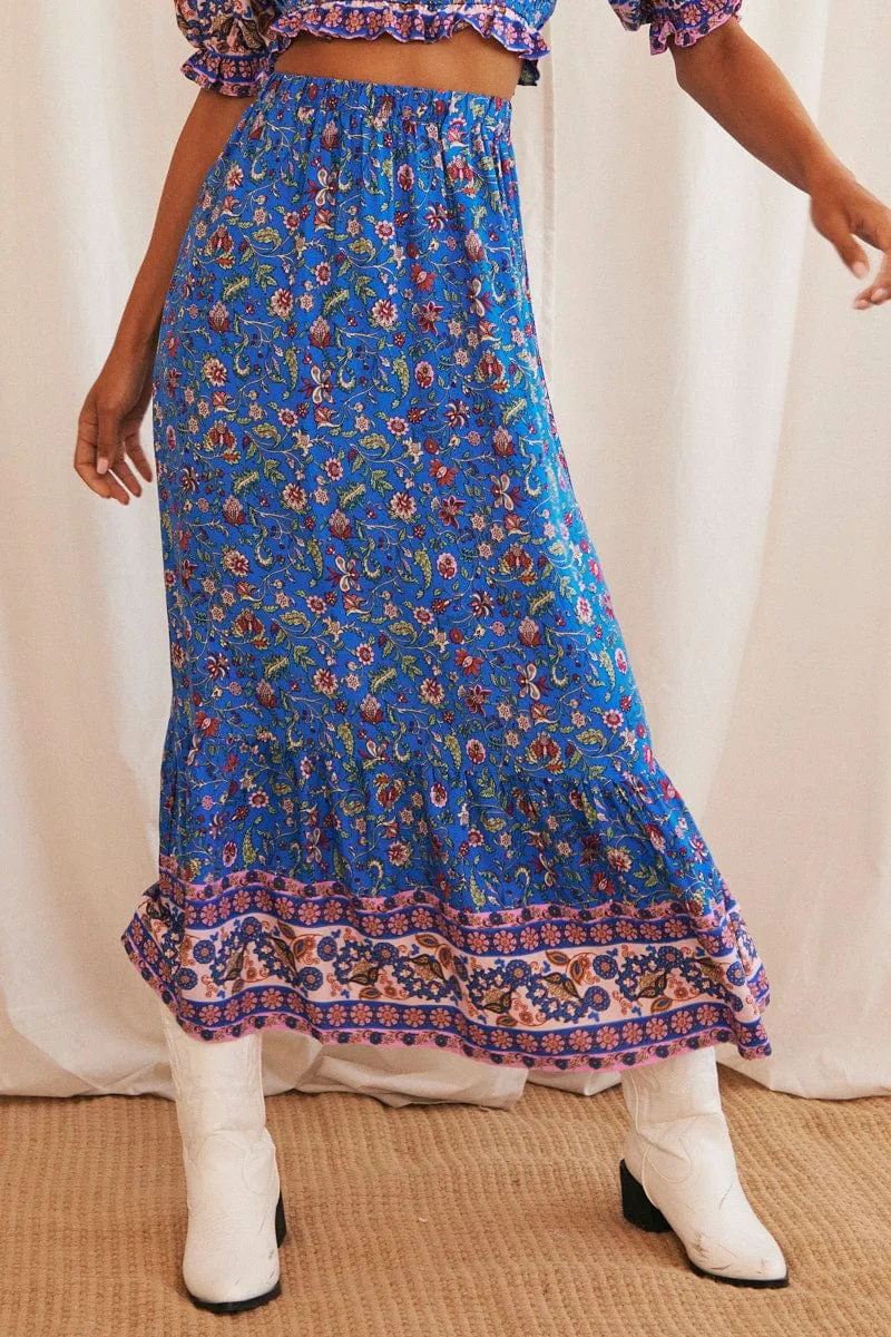 Blue Boho Maxi Skirt High Waisted Elastic Band Frill Hem Flexible Motion