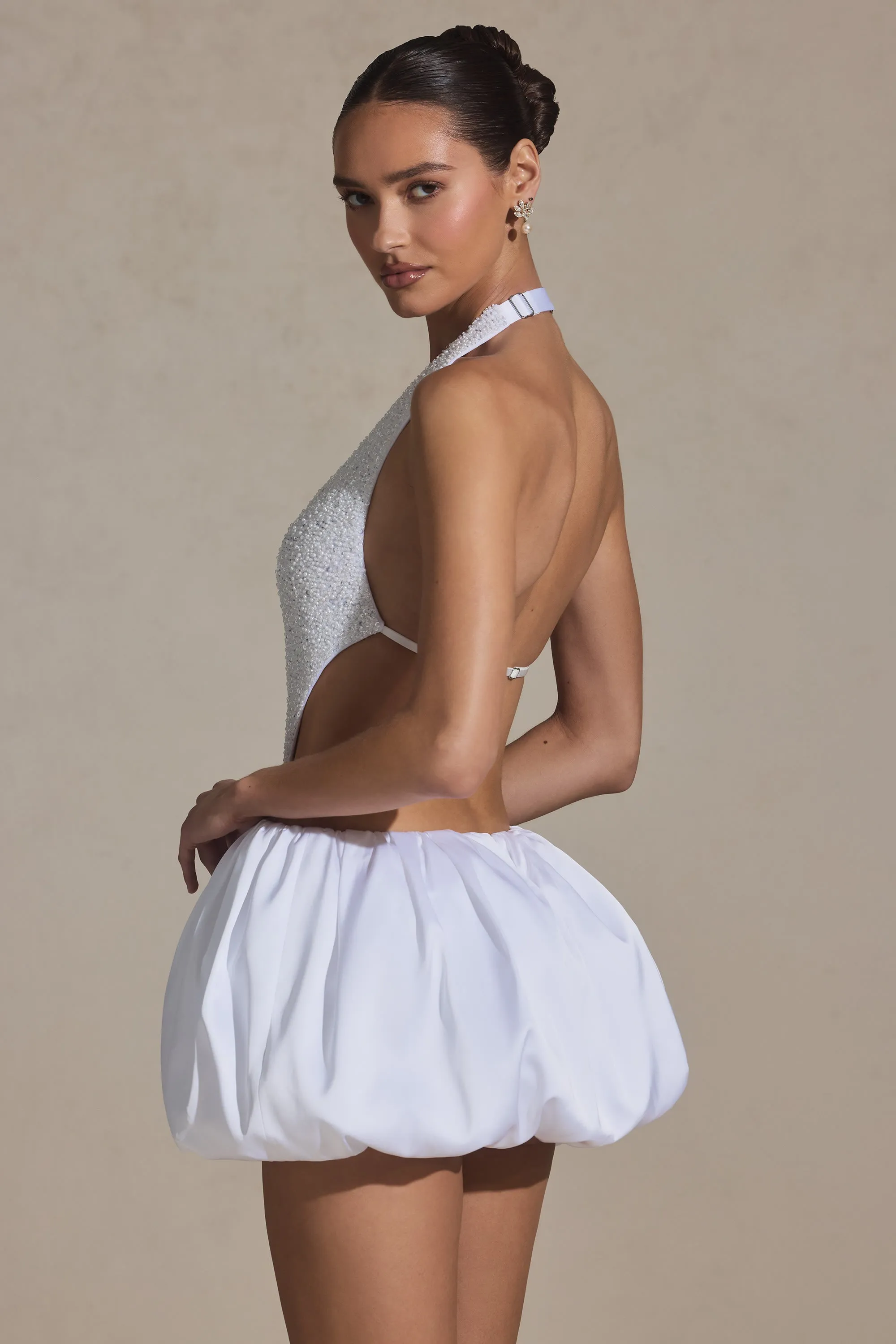Stretchable Fit Embellished Cut-Out Bubble Hem Mini Dress in White