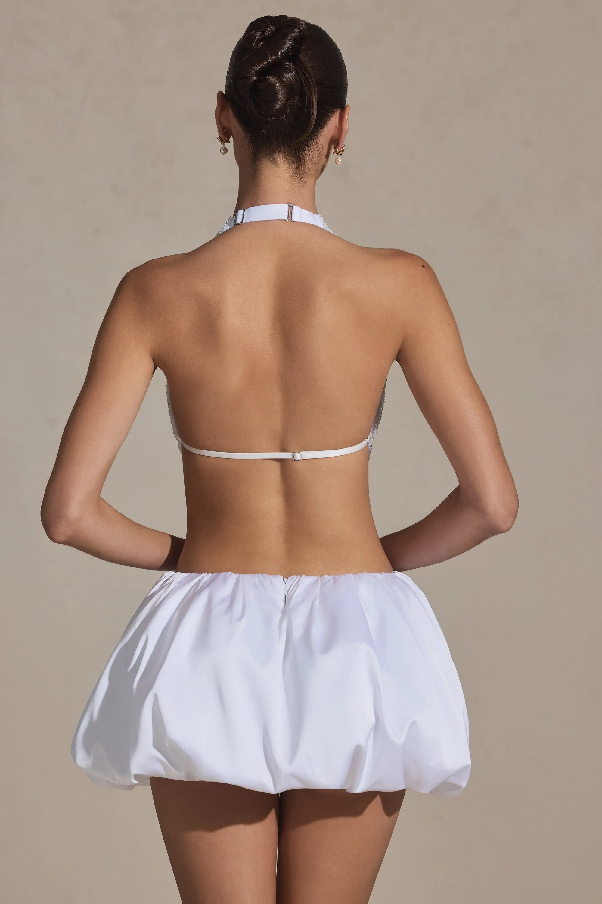 Stage Mode Embellished Cut-Out Bubble Hem Mini Dress in White