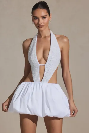 Embellished Cut-Out Bubble Hem Mini Dress in White Layered Ventilation