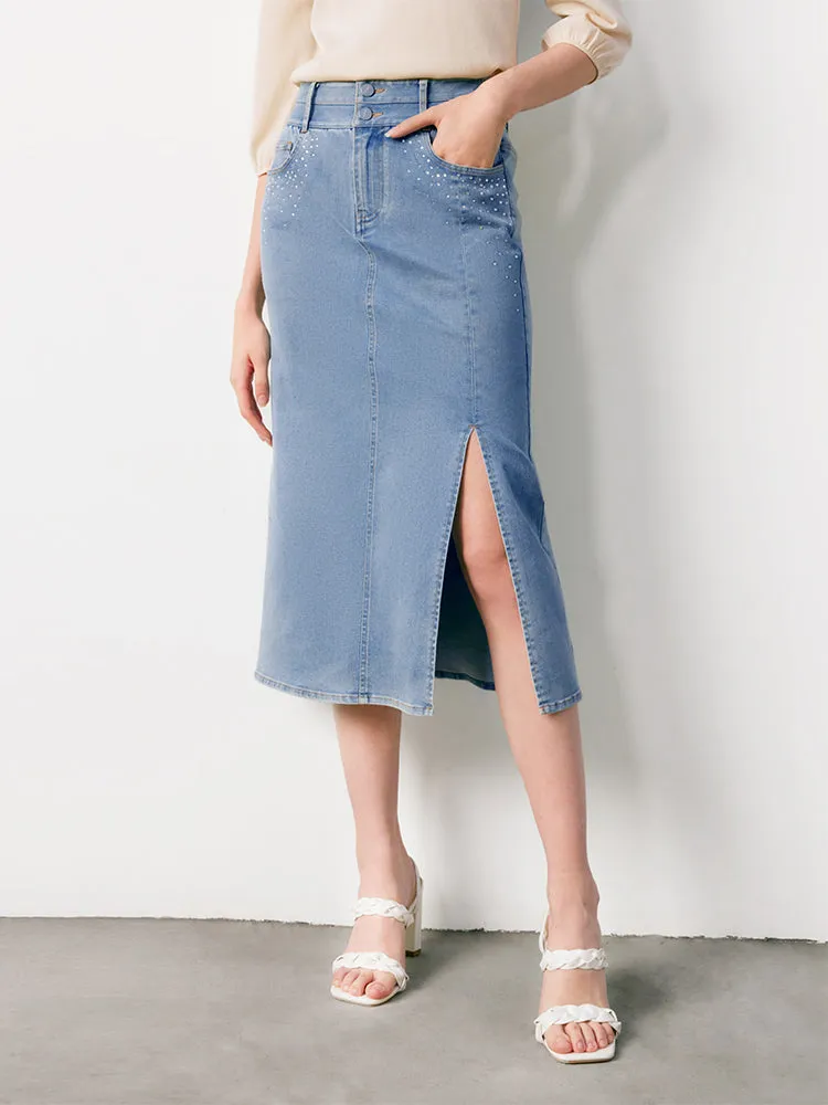Convertible Length Blue High Waist Slit Midi Denim Skirt