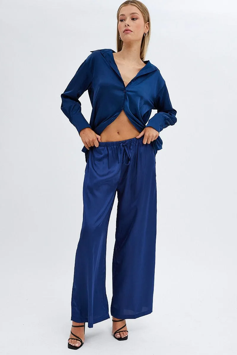 Structured Hemline Blue Wide Leg Pants High Rise
