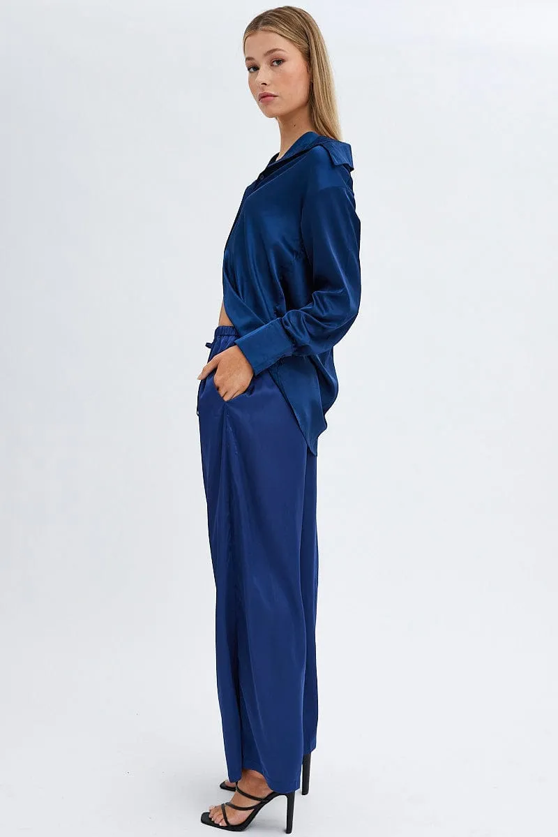 Classic Look Blue Wide Leg Pants High Rise