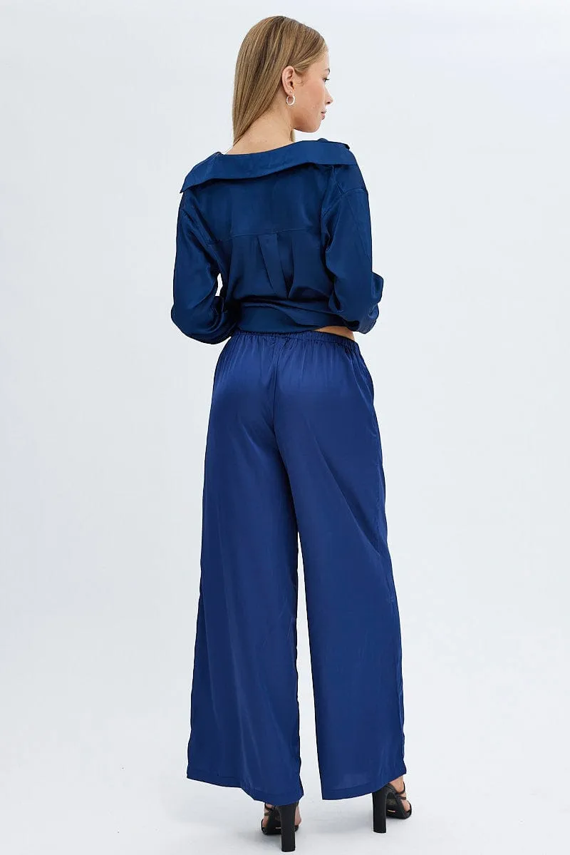 Blue Wide Leg Pants High Rise Odor Resistant Comfort for All