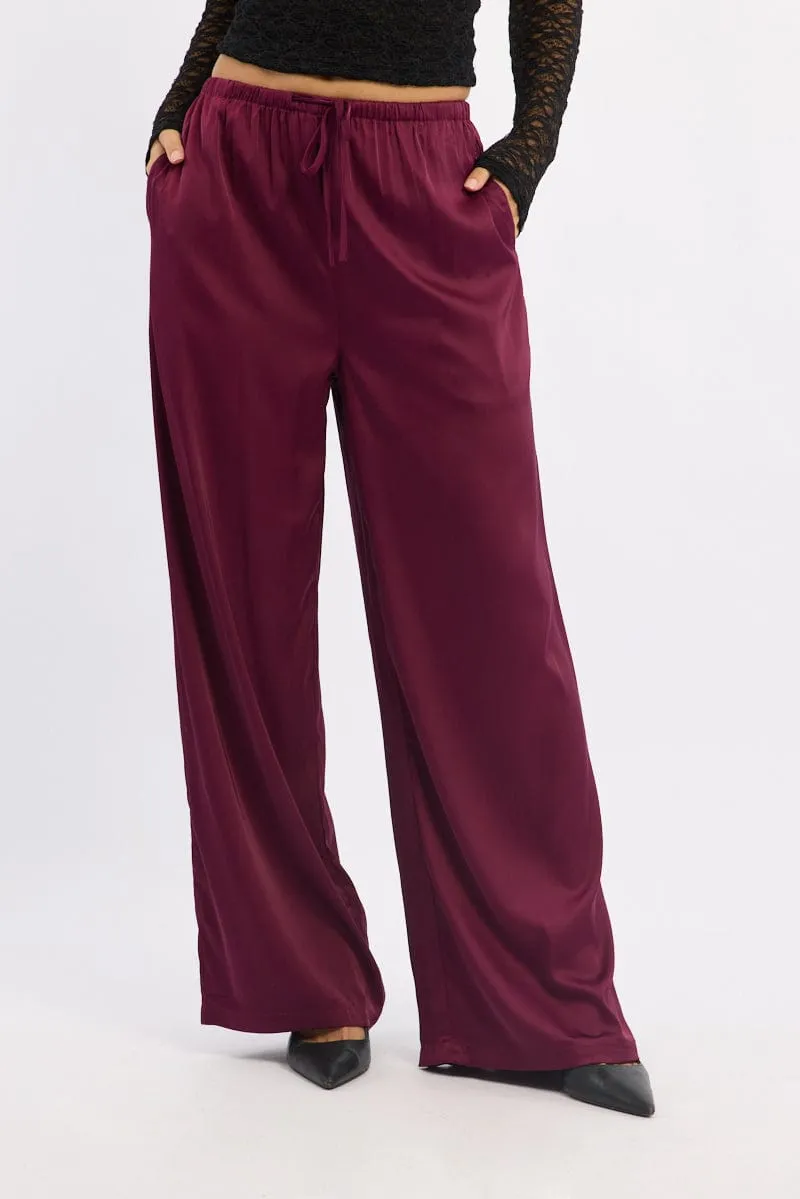 Eco Friendly Material Breathable Design Red Wide Leg Pants High Rise Satin