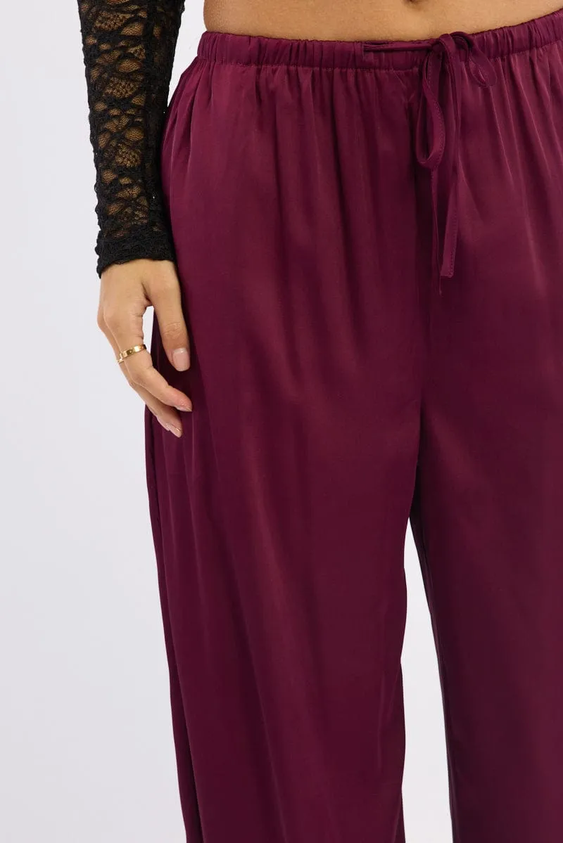 Red Wide Leg Pants High Rise Satin Adjustable Waist Effortless Look