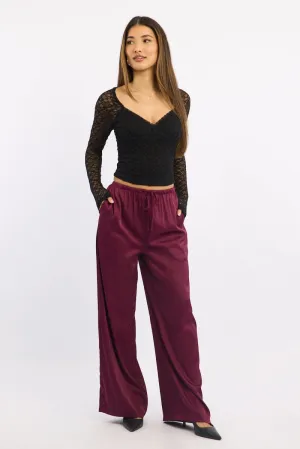 Durable Utility Red Wide Leg Pants High Rise Satin