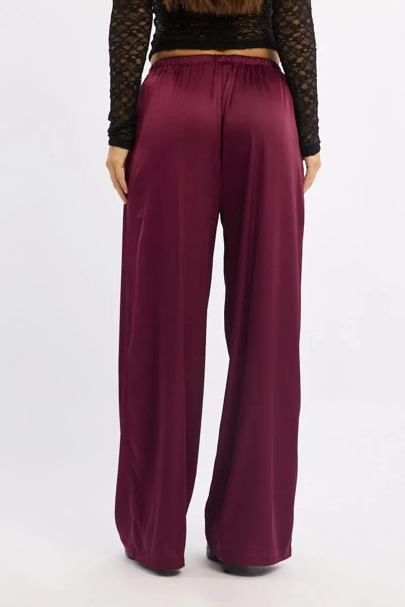 Comfortable Look Red Wide Leg Pants High Rise Satin