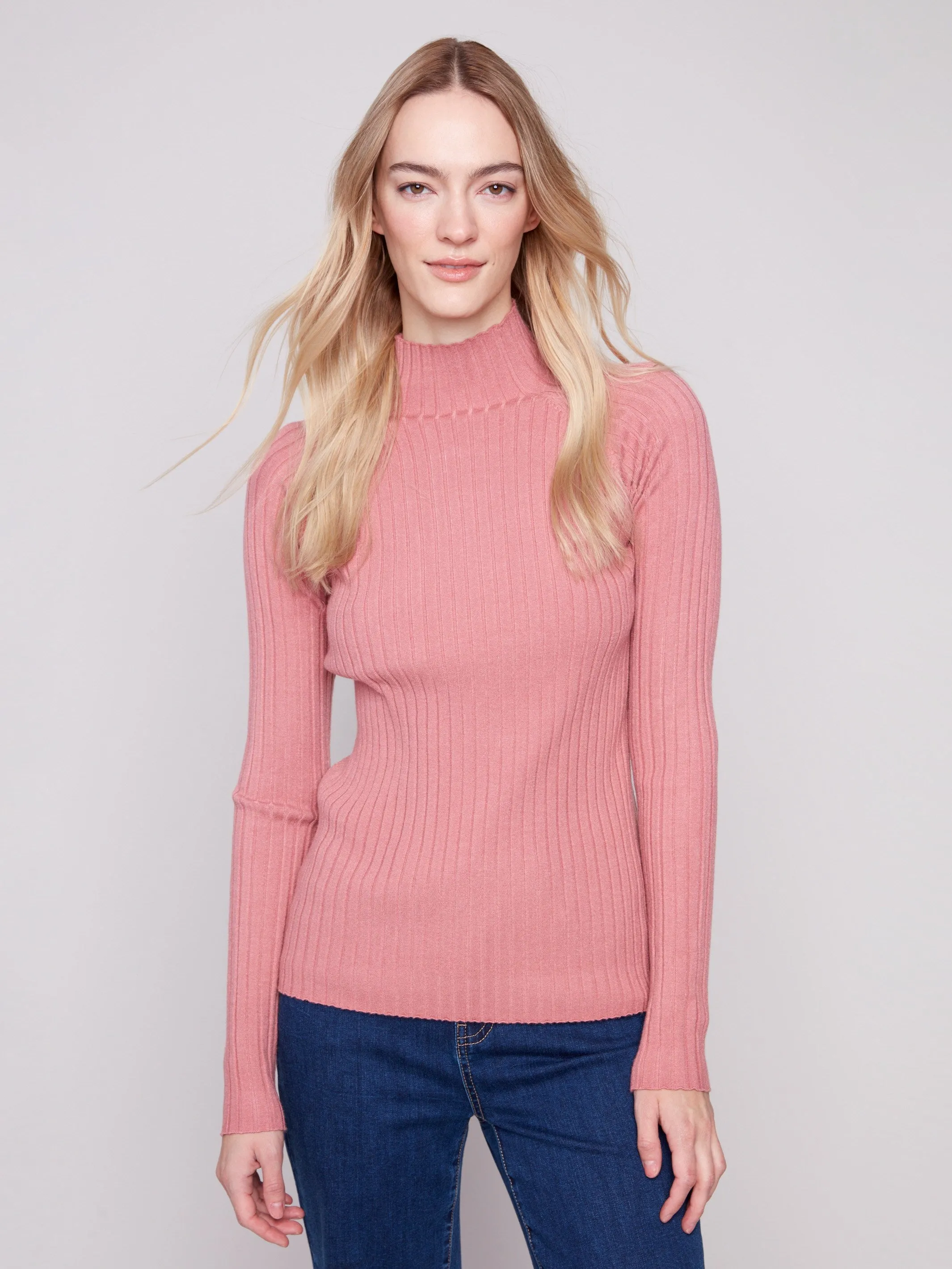 Ribbed Knit Mock Neck Sweater - Primrose Double Layered Collars Low Maintenance Fabric