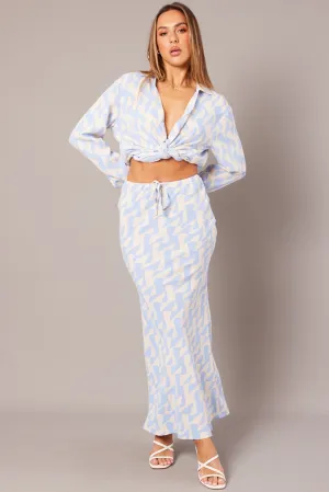 Blue Abstract Slip Skirt Maxi Drawstring Waist Fashion Forward