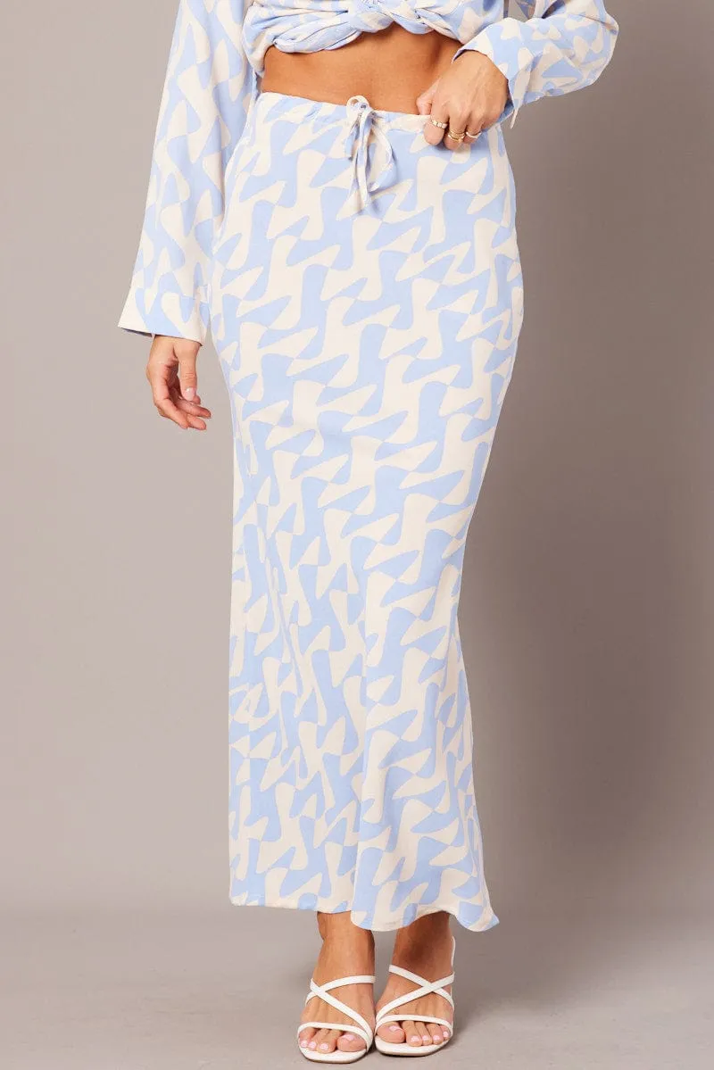 Blue Abstract Slip Skirt Maxi Drawstring Waist A line