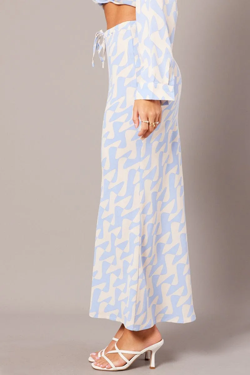 Blue Abstract Slip Skirt Maxi Drawstring Waist Effortless Feel Autumn Stroll