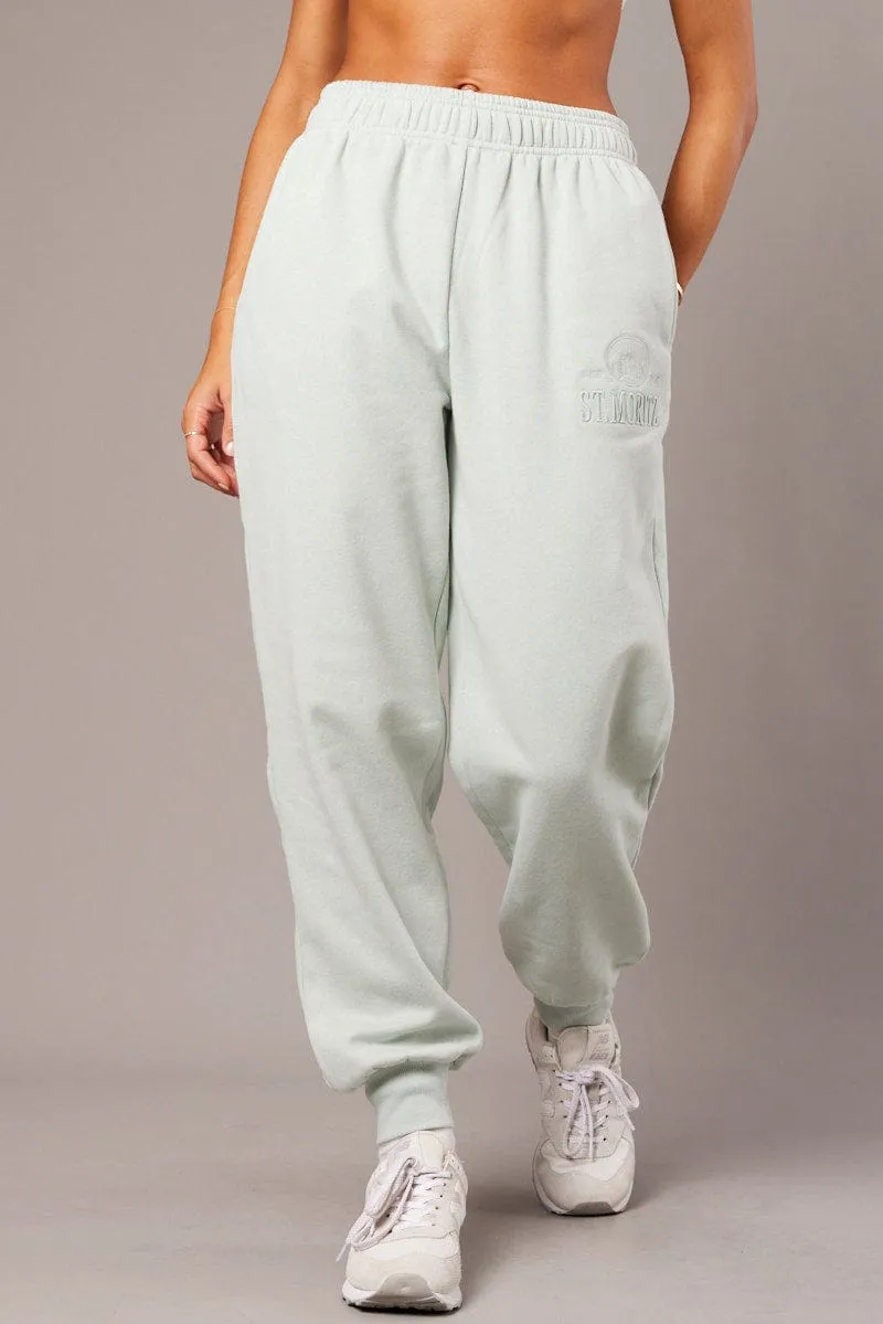Green Track Pants High Rise Non Slip Waist Grip Sporty Style
