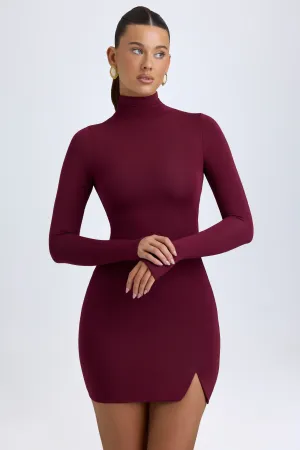 Moisture wicking Sheer Panel Insertion Modal Turtleneck Mini Dress in Wine Red