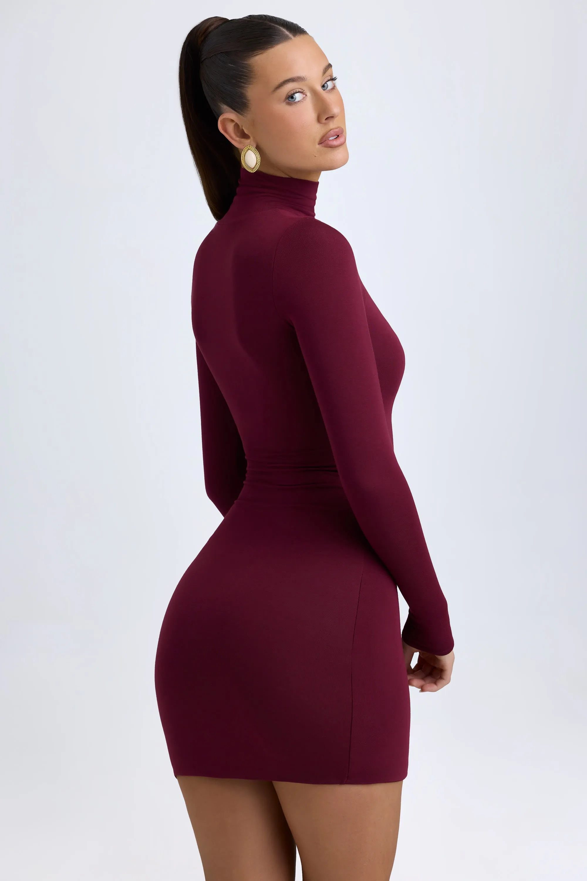 Modal Turtleneck Mini Dress in Wine Red Chic Style Wear Sleek Silhouette