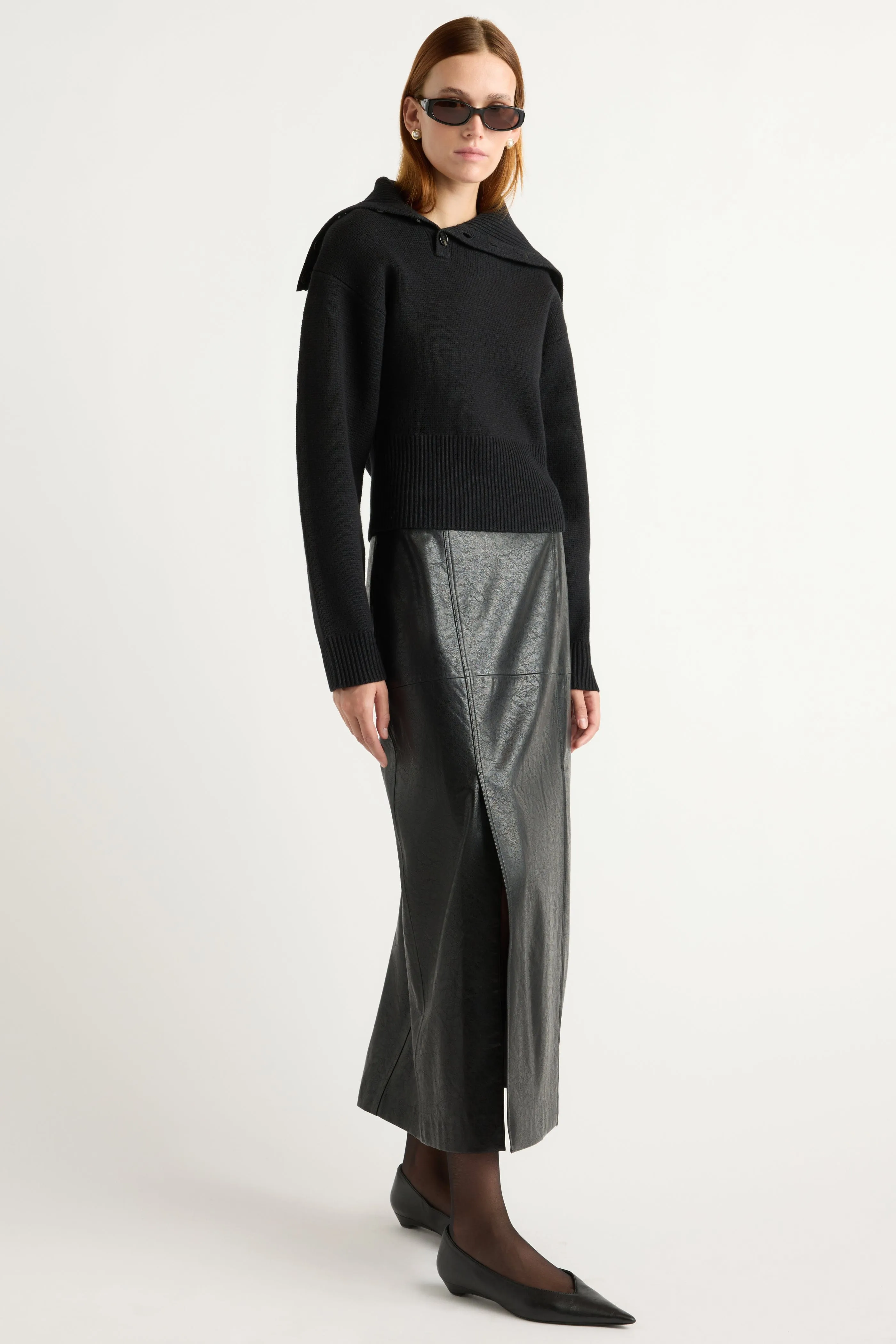 Texture Play Modern Details Rama Front-Vent Vegan Leather Skirt