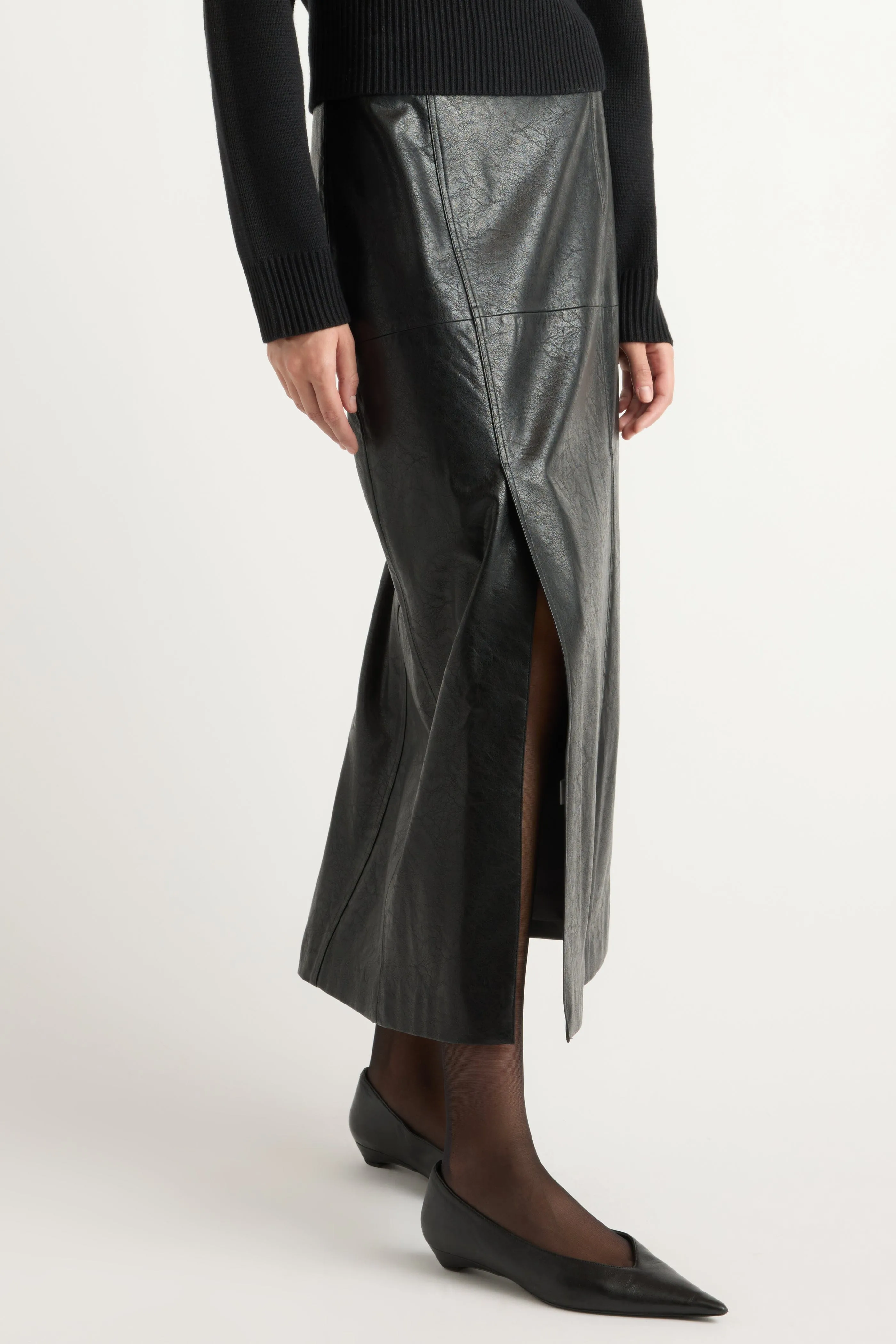 Rama Front-Vent Vegan Leather Skirt Designer Label