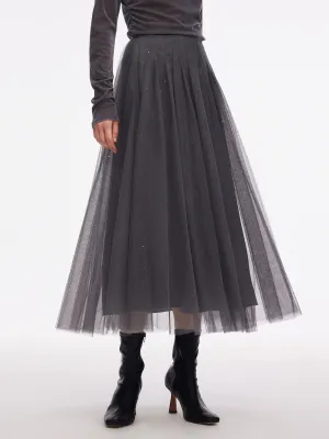 Mesh Elastic Waist Sequins Pleated Women Skirt Texture Shot Creative Layering