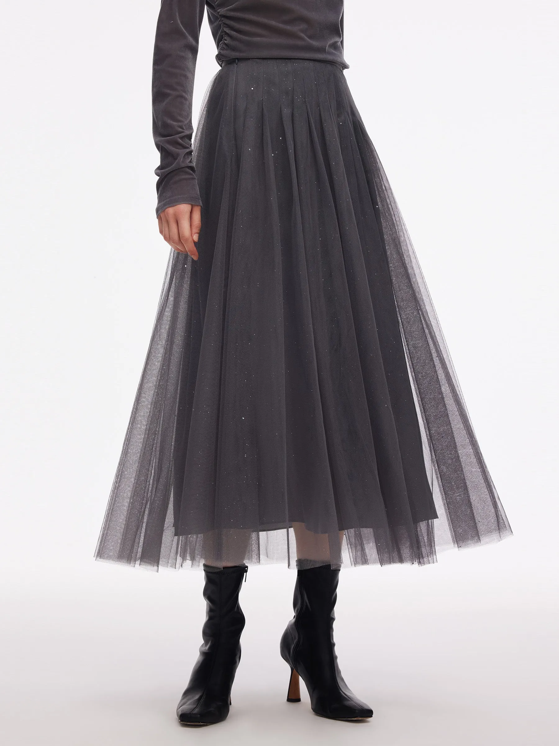 ruffle trim Mesh Elastic Waist Sequins Pleated Women Skirt