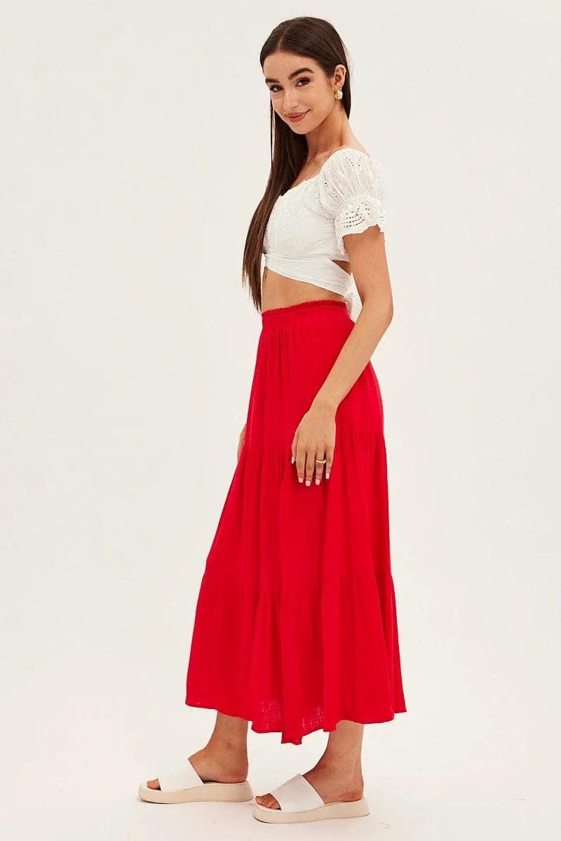 Fashion Style Moisture Wicking Textile Red Maxi Skirt High Waist Split Tiered