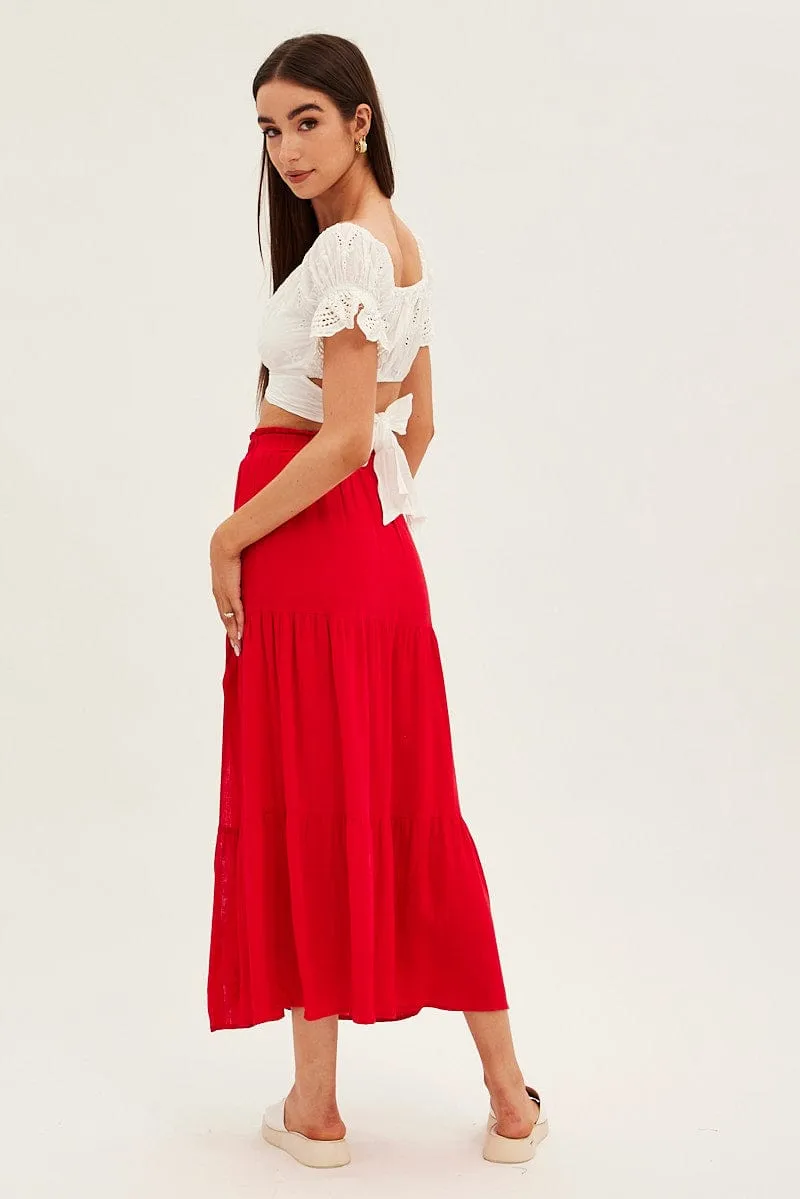 Fitted Cut Red Maxi Skirt High Waist Split Tiered
