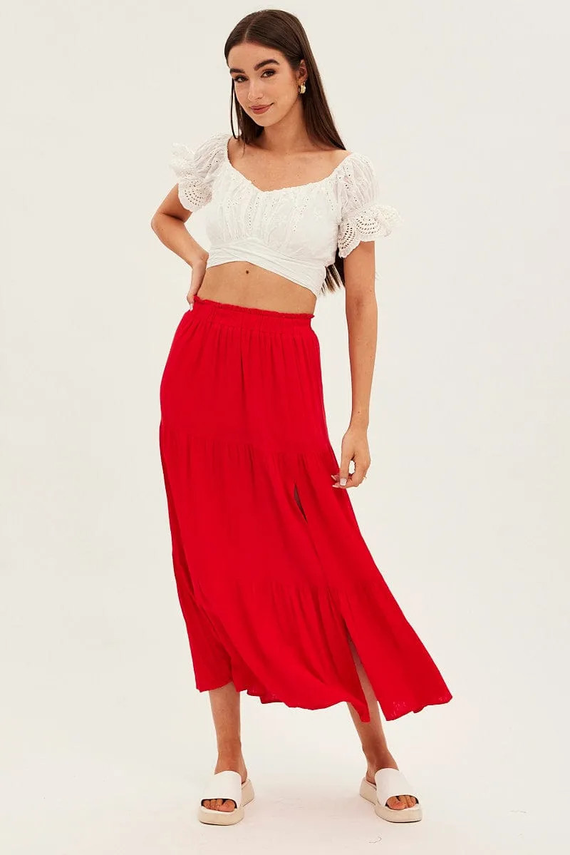 Red Maxi Skirt High Waist Split Tiered Clean Cut