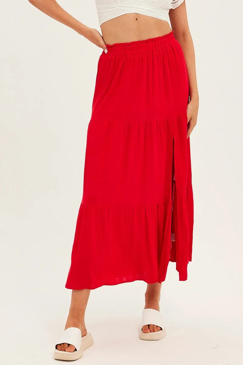 Cruise Attire Hip Skimming Red Maxi Skirt High Waist Split Tiered